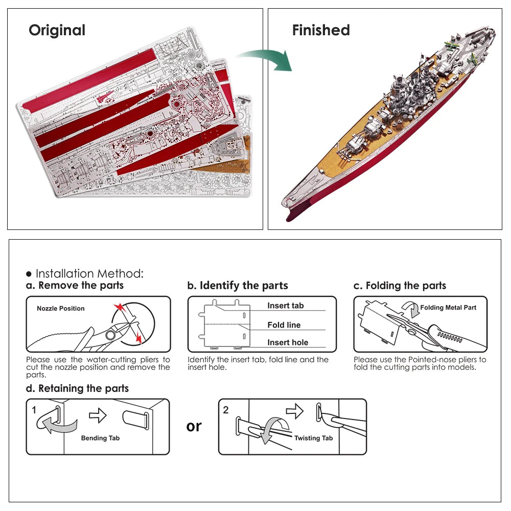 Piececool Puzzle 3D Metal Battleship Model Kits HMS Hood Richelieu Ship Model Jigsaw Toys for Teens Brain Teaser